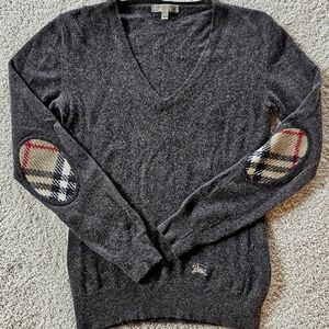 Gray V-Neck Sweater with Plaid Elbow Patches